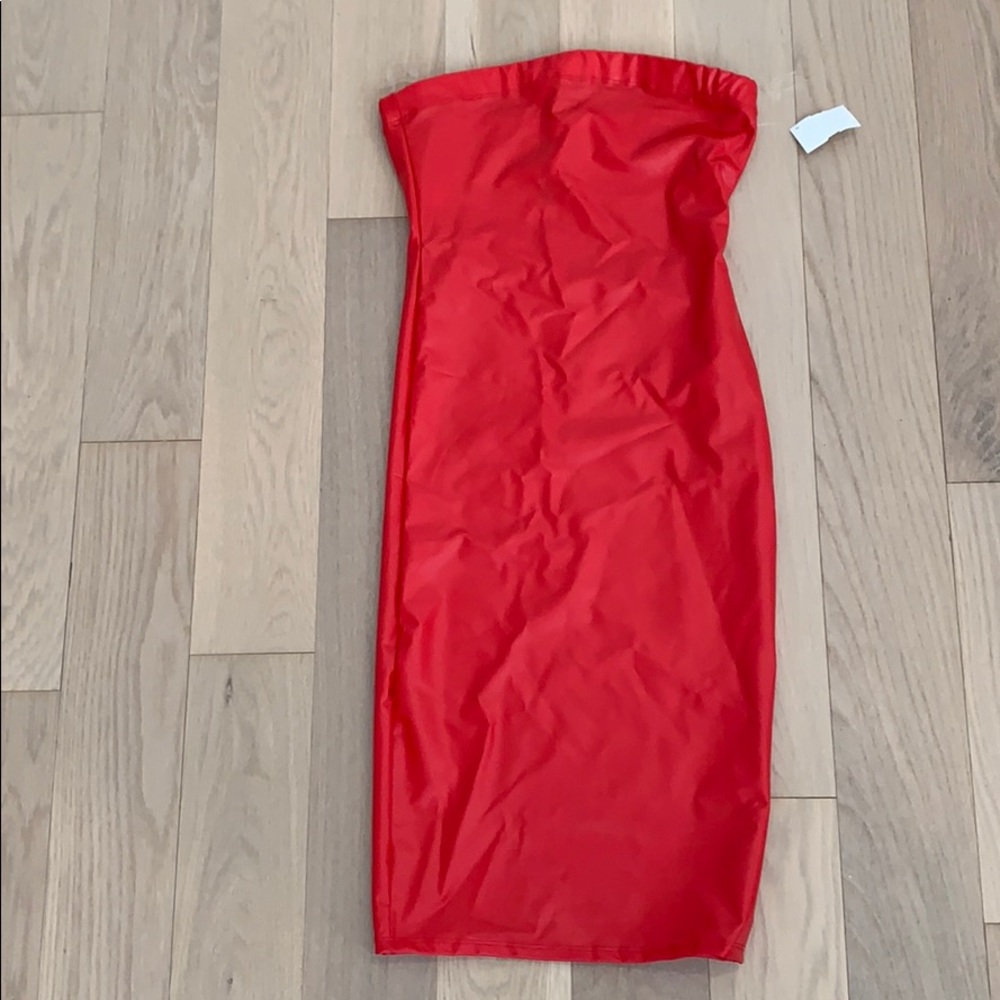 Red leather strapless midi dress size small
